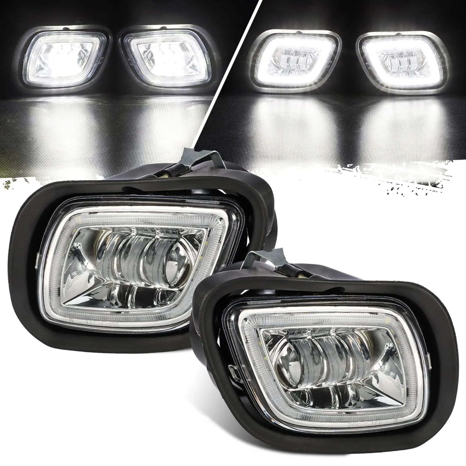 Partsam Pair Fog Lights Lamps with LED Halo Ring for Freightliner Cascadia 2008-2017 Clear Lens White Light/w Plug/12V