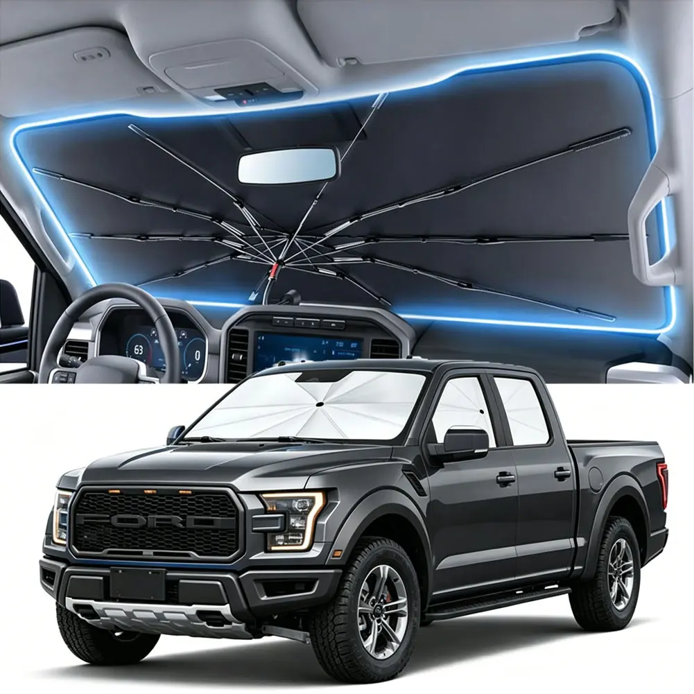 Upgraded Reflective Car Windshield Sun Shade Umbrella, Large Size Folding Pop-Up Auto Front Window Heat Insulation Cover, 99% UV Blocking Cooling Anti-Aging Shield for Multi-Vehicle Sedan SUV, Portable Summer Automotive Interior Accessory, Truck Accessori