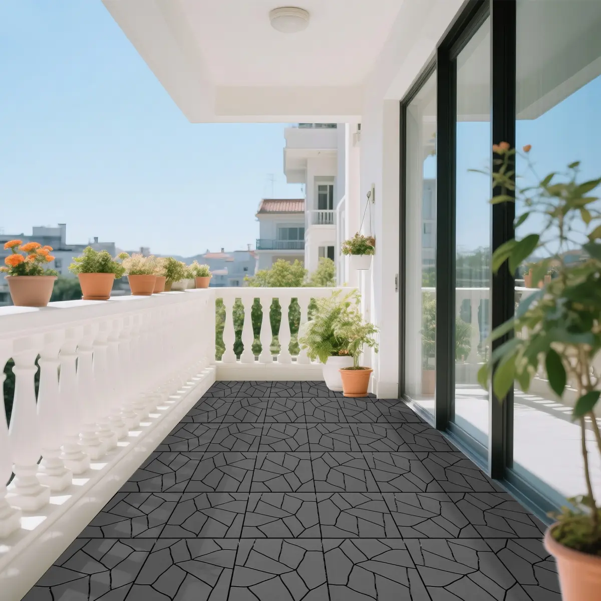 12"x12" Interlocking Stone-Style Deck Tiles, 44-Pack Dark Gray Eco-Friendly Waterproof Non-Slip Modular Flooring with Anti-Expansion Diamond Back, Easy-Snap DIY Tiles for Patio (Durability, Excellent Stability, Easy Disassembly, Friction Enhancement)