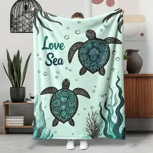 Sea Turtle Print Flannel Throw Blanket - Lightweight, Buttery Soft, Cozy Warm, Animal Artwork Beach-Themed Blanket, Ideal for Couch & Bed, Coastal Home Decor, Perfect Gift for Turtle Lovers, Animal Artwork Blankets, Beach-Themed Blankets