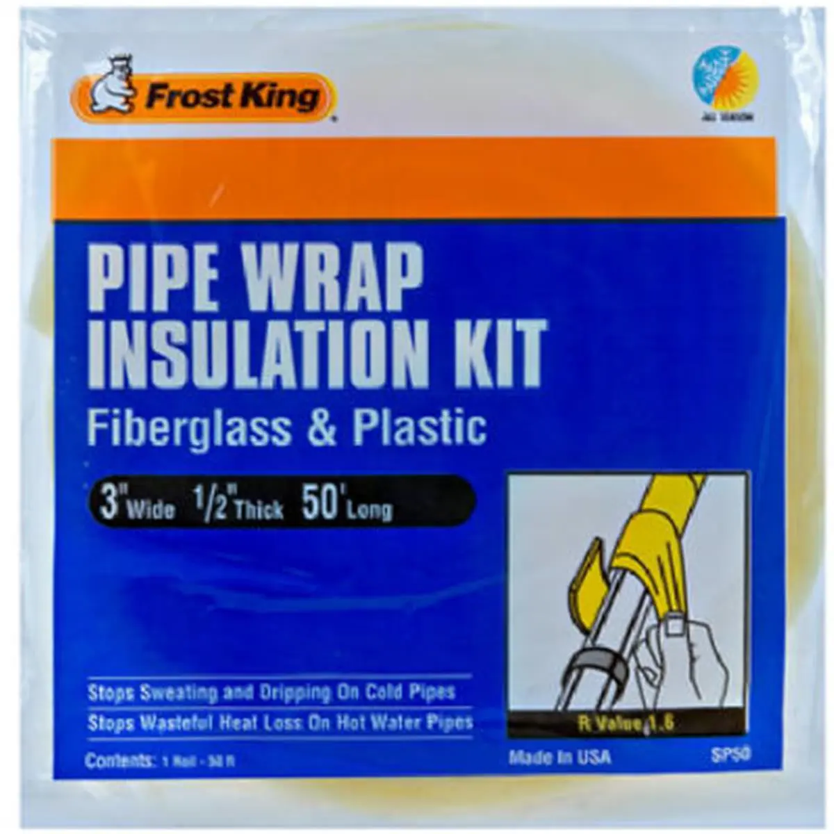 Frost King SP50 Pipe Insulation, Fiberglass with Plastic Vapor Barrier for Hot Water Pipes, R-Value - 1.6, 34 ft Coverage, 1/2 Inch, Cold Pipes