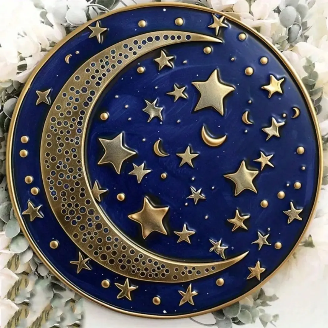 Celestial-Aluminum Metal Sign, Round Disk Wall Decoration With Stars And Moon Pattern, Starry Sky Pattern, Space Theme Design, Wall Art, Aesthetic Wall Decor, Home Decor, Bedroom Decor, 8in, 11.8in, 1PC