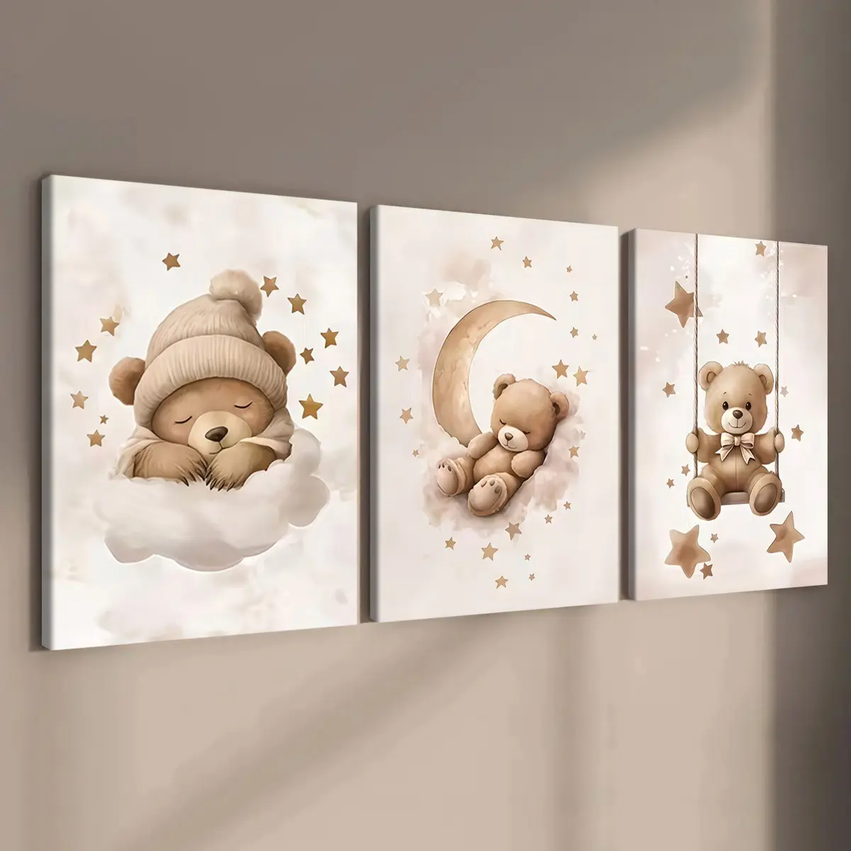 3-Pack Wood Frame Canvas Art Posters, Modern Bear Moon Swing Theme, Waterproof, Home Decor for Bedroom, Hallway, Office, Gift Idea