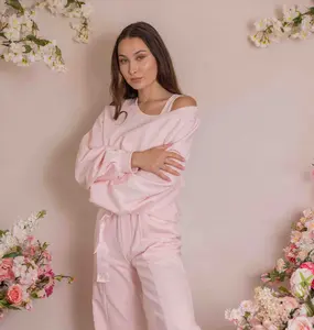 Love Lounge Set in Pink (Sports Bra, Crewneck and Wide Leg Sweats)