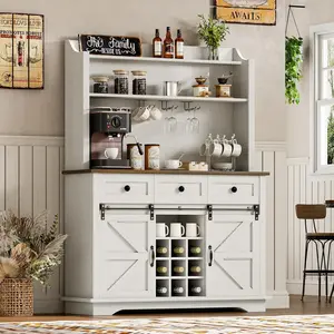 HOMBCK 63'' Farmhouse Coffee Bar, 3-Tier Storage, 3 Drawers, Kitchen Storage Cabinet with Glass Holders, Wine Bar Cabinet for Living Dining Room