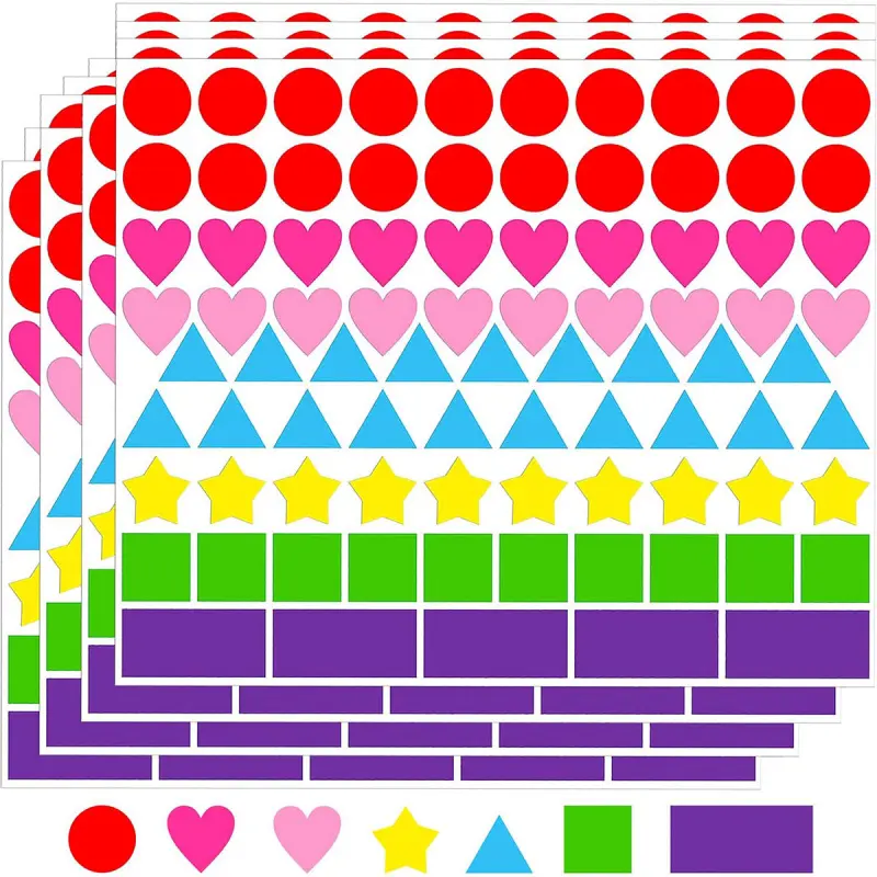 10sheets Multicolor Coding Adhesive Stickers in 7 Colors & 6 Shapes - Assorted Shape Sticky Labels for Classroom & Office Organization, Self Adhesive Stickers