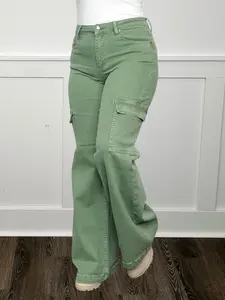 Women's Risen Beverly High-Rise Wide Leg Denim Cargo Jeans - Sage, Spandex-Cotton Blended, Chic Style Women's Clothing Bottoms