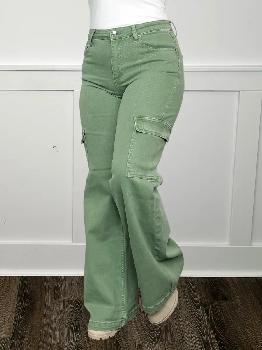 Women's Chic Cargo Jeans in Sage | Beverly High-Rise Wide Leg Fit with Minimal Stretch | Cotton Denim Bottoms, Style, Plus Size, 3Xl, 2Xl, High Waist, Spandex, Wide Legs, Everyday, Fabric, Pocket, Soft, Cargo Pockets