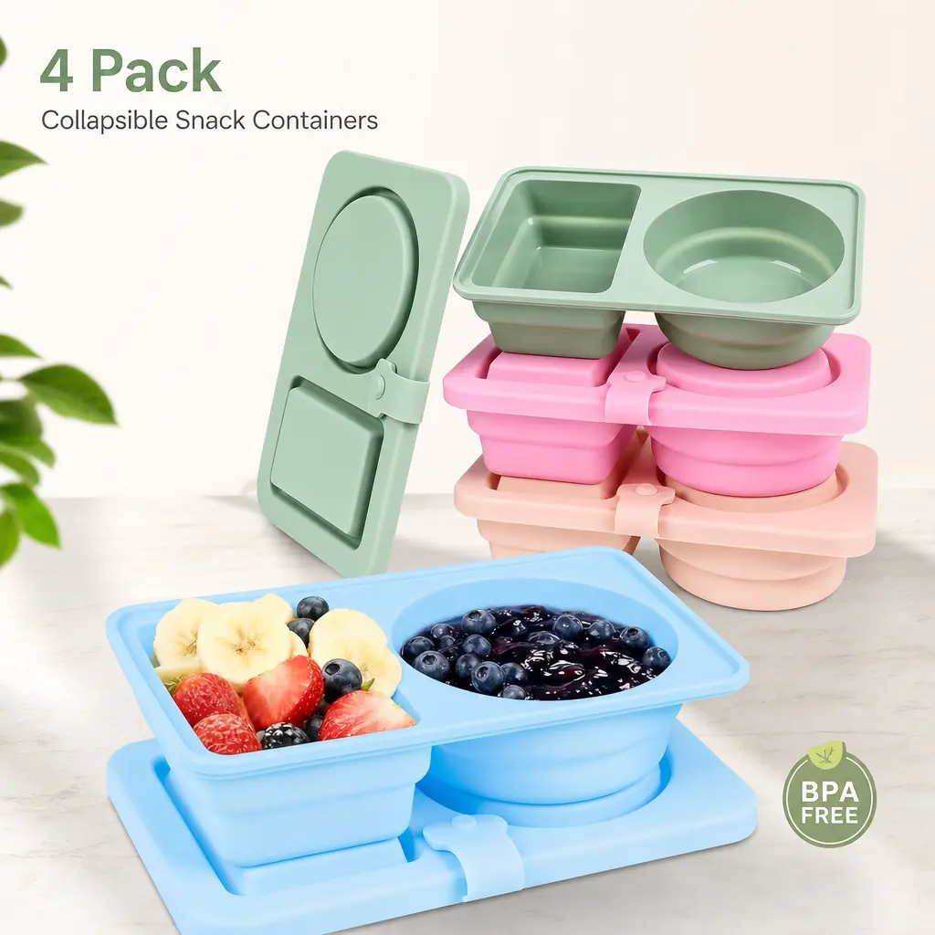 littleox 4-Pack Collapsible Silicone Snack Containers - Round & Square Shape with Utensil Holder, Foldable Food/Sauce Storage for On-the-Go, Microwave & Dishwasher Safe
