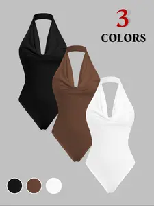 Women's Solid Color Halter Neck Bodysuit, Backless Tank Bodysuit, Casual Sleeveless Bodysuit for Daily Wear, Ladies Clothes for All Seasons, Womenswear