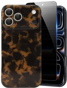 Cute Phone Case for iPhone 17 Pro Max Case with Privacy Screen Protector, Amber Pattern Leopard Full Camera Protective Slim Shockproof Cool Trendy Aesthetic-Brown Tortoise Shell
