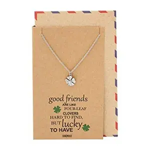 Quan Jewelry Four Leaf Clover Heart-Shaped Leaves Friendship Pendant Necklace with Best Friends Quotes on Thank You Card, Gifts for Girls, BFF, Women, Rhodium Plated