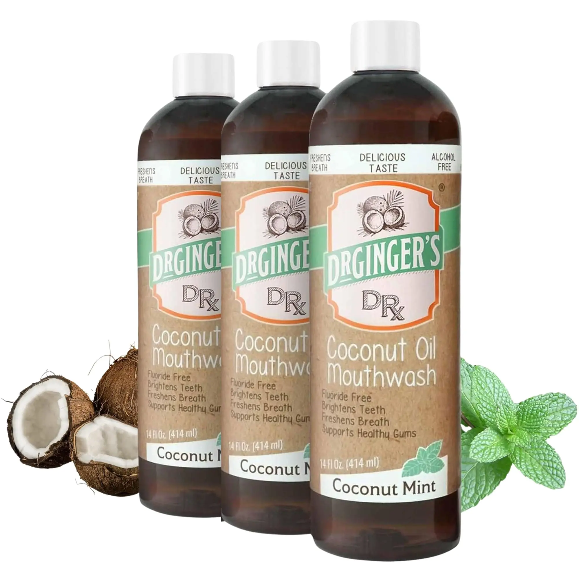 Dr. Ginger's Coconut Powered Mouthwash 3 Pack | Coconut Oil Pulling Mouthwash, Xylitol & Organic Aloe, Organic Coconut Oil, Peppermint, Fluoride Free, Oral Health, Stain Whitening Mouthwash, Made in USA