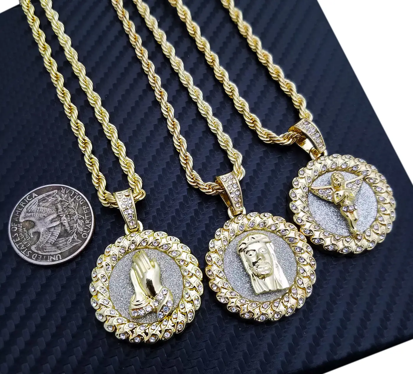 MaxBling81 Iced Out Religious Medal Cross Necklace - Gold-Silver Plated Pendant with Jesus Icon, Baby Angel, Praying Hands, 4mm 24" Rope & Chain Link Necklaces, Unisex Hip Hop Costume Jewelry, Angel Motif Necklaces, Cross Motif Necklaces