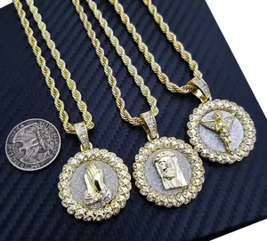 Jesus & Baby Angel & Praying Hands Religious Medal Iced Gold Silver Plated Pendant & 4mm 24" Rope Chain Hip Hop Style Necklace Jewelry