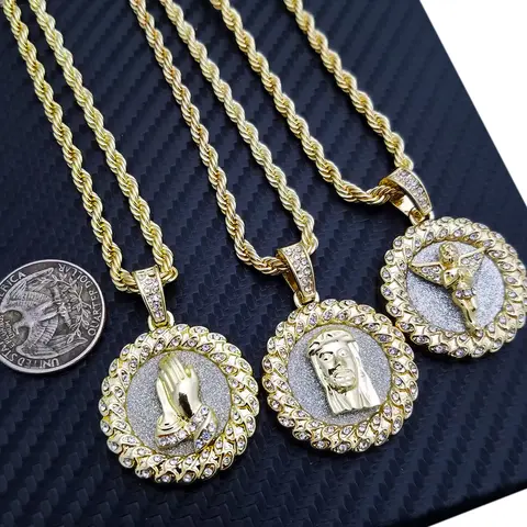 MaxBling81 Iced Out Statement Religious Cross Necklace - Gold-Plated CZ Flash Pendant (30mm), 4mm 24" Rope Chain, Jesus Icon, Unisex Spiritual Hip Hop Costume Jewelry, Gold/Silver Shine (Christian Themed, Iced Out Chains with Pendants)