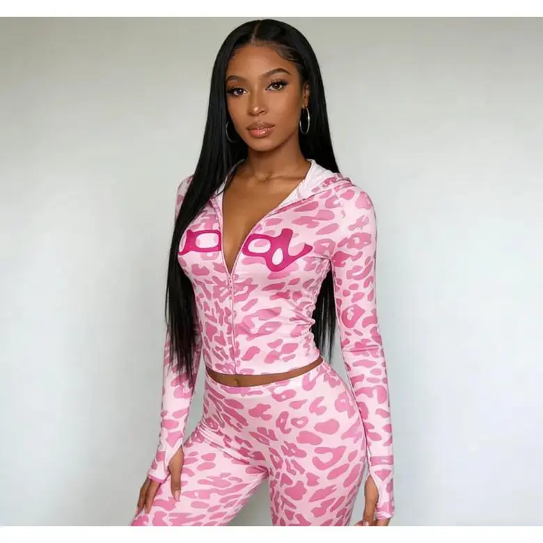Women’s two-piece set for autumn/winter featuring a hooded printed zip-up jacket and pants; casual slim fit for everyday wear; fashionable womenswear