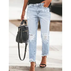 Women’s boyfriend jeans with stretch, ripped, distressed denim pants