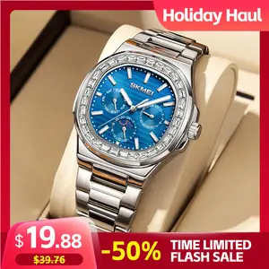 SKMEI Men's Fashion Luxury Square Round Watch with Luminous Dial 3ATM Waterproof Calendar Week 24-hour Sun Moon Phase Function Quartz Watch Fashionable Wristwatch