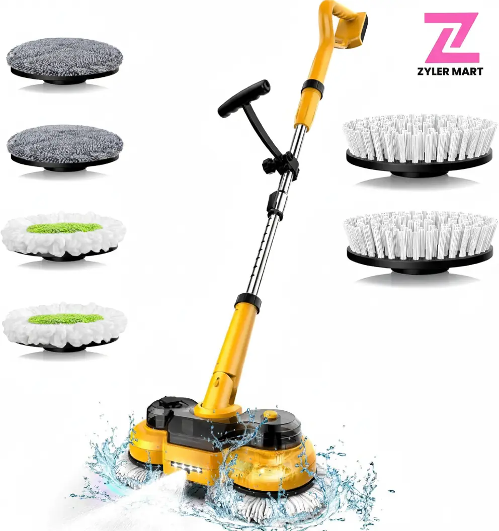 ZYLER 20V Cordless Electric Mop, 2-in-1 Spin Mop & Floor Scrubber with LED Light, Water Spray, 800 RPM, Adjustable, Durable Portable Cleaner for Hardwood, Tile