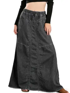 Ebossy Women's Denim Maxi Skirt with Pockets Elastic High Waist Frayed Hem A-Line Flowy Jean Skirt for Casual Wear