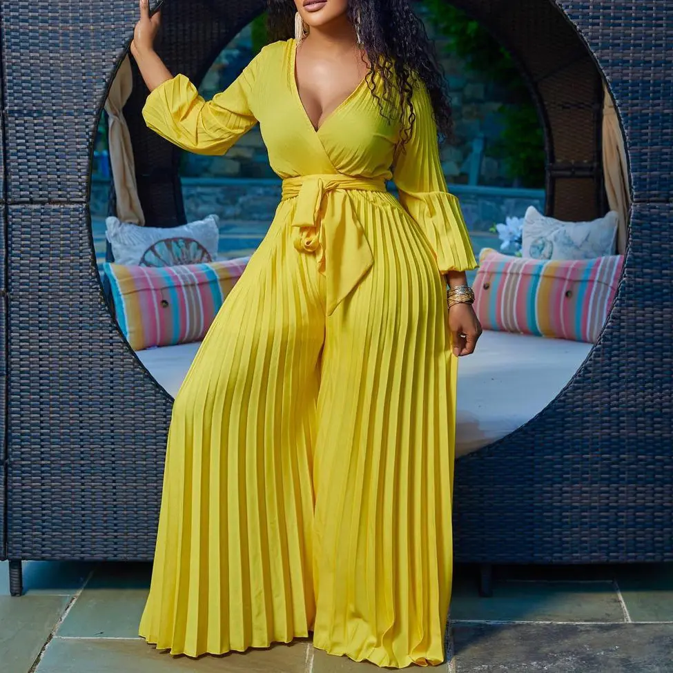 Women's 2026 Elegant European American Summer Overalls - V-neck Tie Detail Wide-leg Romper Jumpsuit with Yellow Belt, Polyester Deep Fabric, Comfortable Casual Fit Plus Size, Long Sleeve