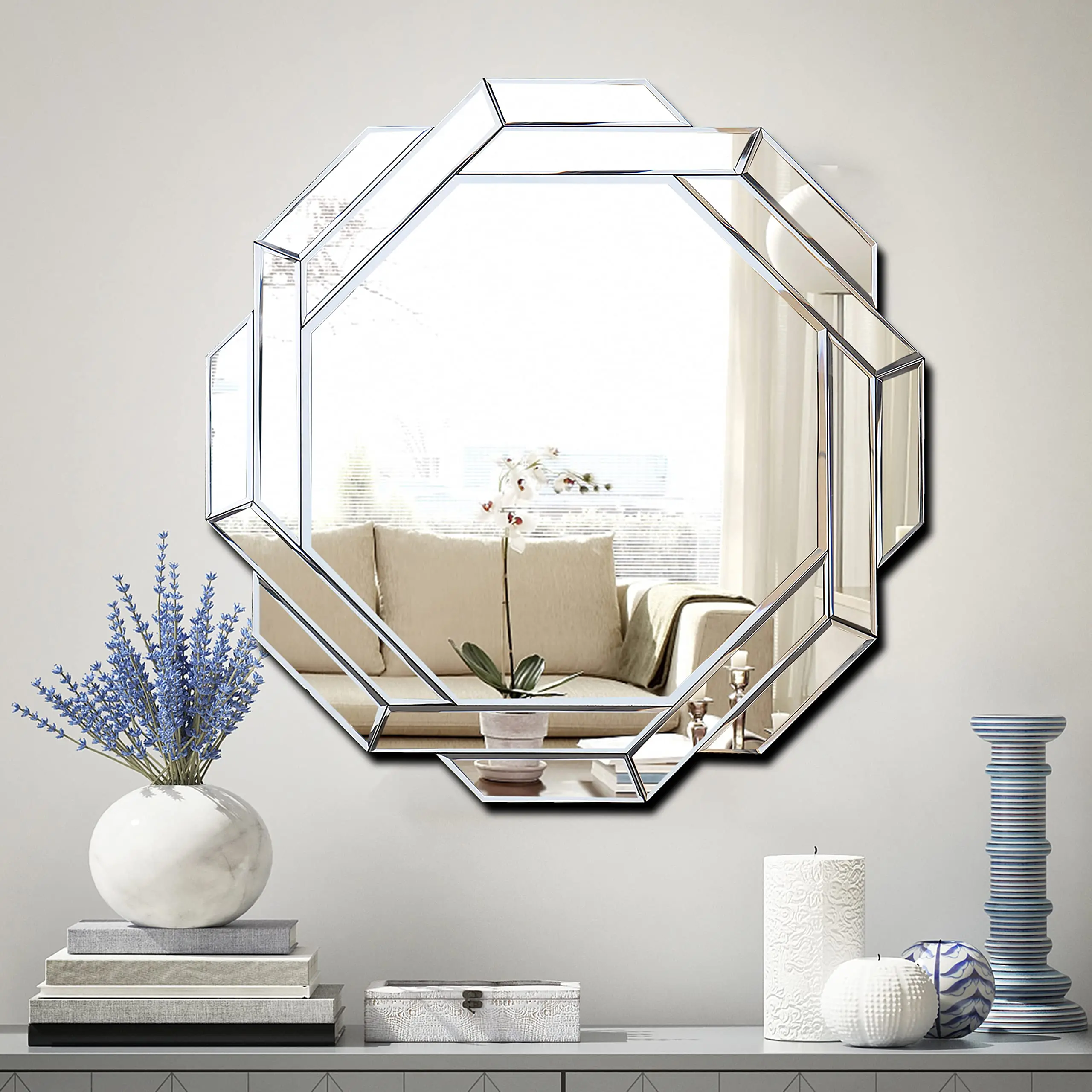 Polished Silver Modern Hexagon Decorative Wall Mirror, 27.6x27.6in Interior Furniture Accessory