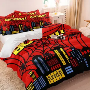 Red Spider Web Boom City Duvet Cover Set (1 Duvet + 1/2 Pillowcases, No Core), Soft All-Season Fabric, Superhero Comic Print Bedding for Boys Bedroom & Dorm Decor, Complete Set, Bed Sets Supplies