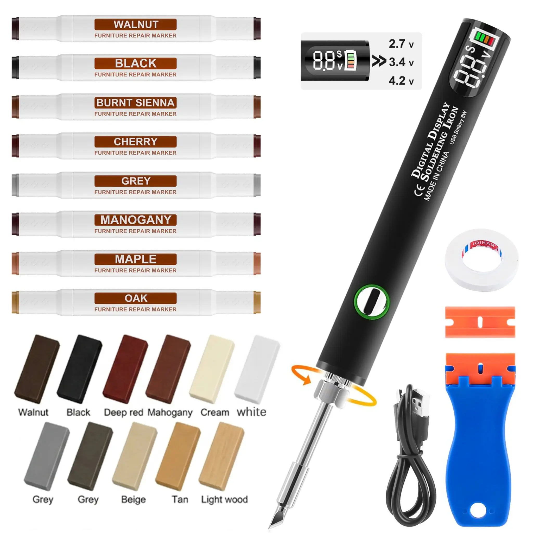 Parquet & Laminate Wood Floor Repair Kit with Hard Wax Filler, Smart Wax Melting Tool with Digital Display & Marker Pen for Floor, Furniture, Countertop & Tile Repair