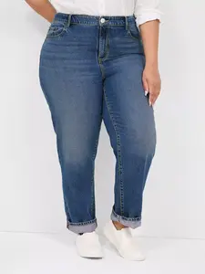 Plus Size Women Blue Comfortable Fit Straight Leg Denim Jeans, Casual Fashion Versatile, Elastic Fabric Sexy Wear, High Waist Long Pants