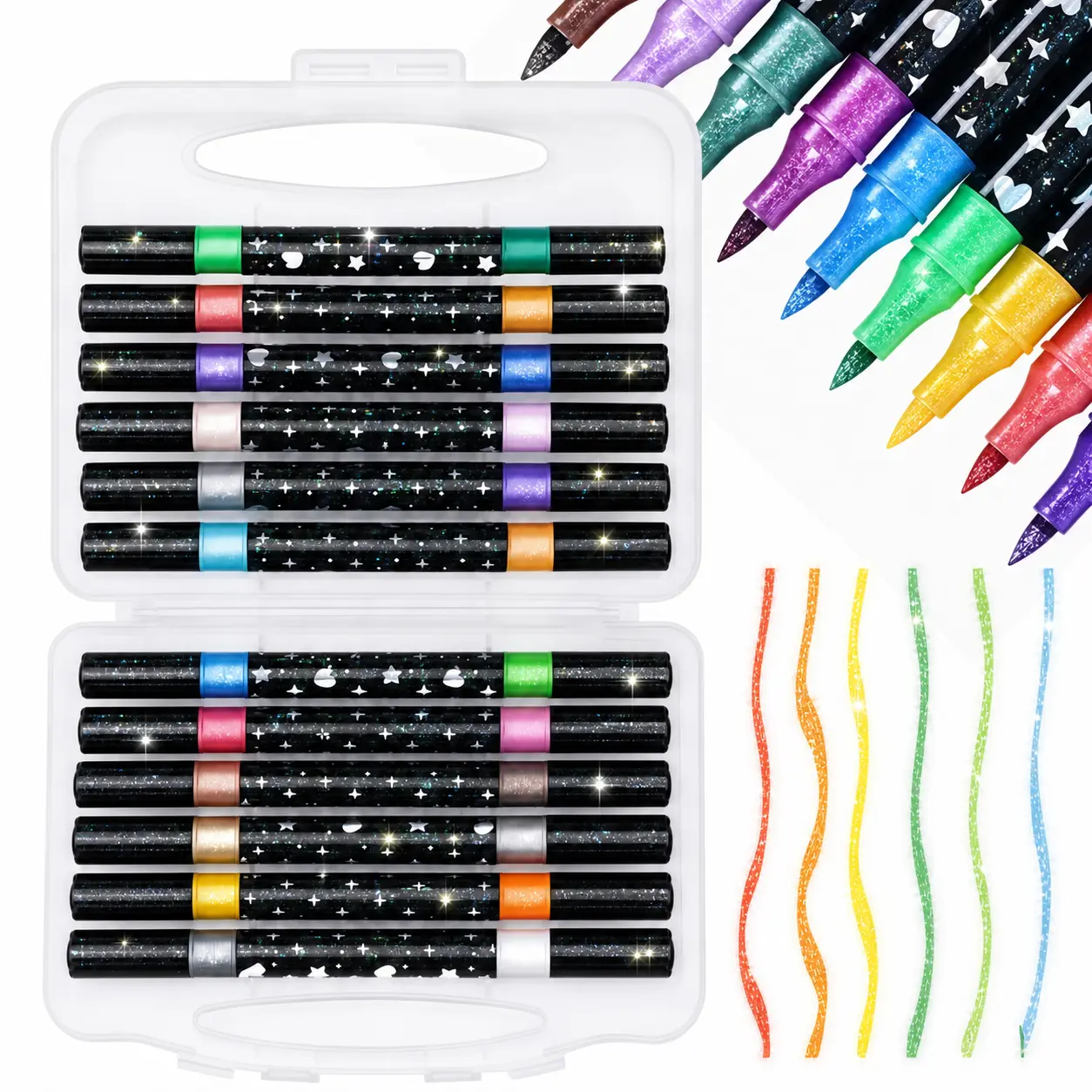 Dual-Color Glitter Markers Pen, 2in1 Dual Tip Outline Shimmer Highlighters, Aesthetic Journaling Pens Viral Stationery Must-Haves