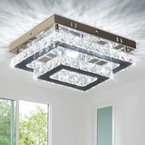 Modern Industrial Dimmable K9 Crystal LED Ceiling Chandelier 2-Tier Rectangular Double Layer Surface Flush Mount Steel Hanging Lamp 220V Switch Control Living Room Dining Room Staircase Lighting QH-MC023