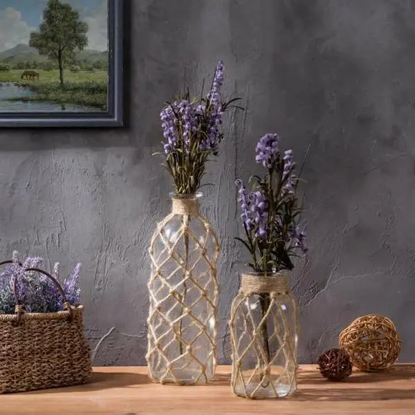 Decorative Glass Bottles w/ Rope Wrapping, Set of 2