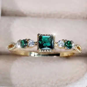 Elegant Vintage Square Ring with Green Cubic Synthetic Zirconia & Clear CZ Stones, KC Golden Plated Copper Jewelry for Women, Wedding Banquet Bridal Ring, Daily Wear Fine Accessory, Durable Affordable Luxury Gift