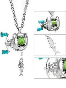 Mini Fishing Reel Necklace, Rotating Handle, Detachable Line Ring, Spinning Wheel Keychain, Portable Pendant for Fishing Enthusiasts, Dangling Charms Necklace, Fashionable Accessory