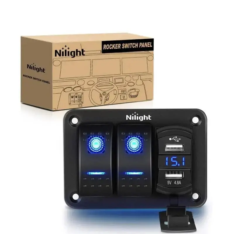 Nilight 2-Gang Blue Rocker Switchboard, 4.8A Max Amp Dual USB Charger, LED Voltmeter, Power Switches, Universal Fit Electrical Rocker Switch for Home Improvement