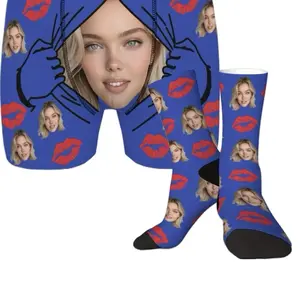 Custom Sets - Personalized Blue Socks with Red Lips and Face Prints for Unique Style