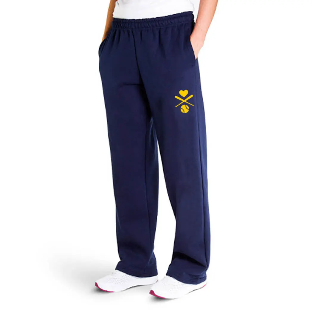 Unisex Softball Fleece Sporty Joggers Pants - Cross Print Crossed Softball Bats Design, Drawstring Waist, Gym Bottoms, Post-Game Wear for Athletes