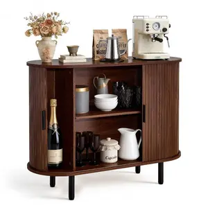 fathersdaygift VEVOR Coffee Bar Cabinet, Mid Century Fluted Coffee Bar Table, Buffet Stand Cabinet with 2 Sliding Doors, Sideboard Buffet Station for Living Room, Entryway, Kitchen, 39.3x 15.7x 29.5 in, Walnut
