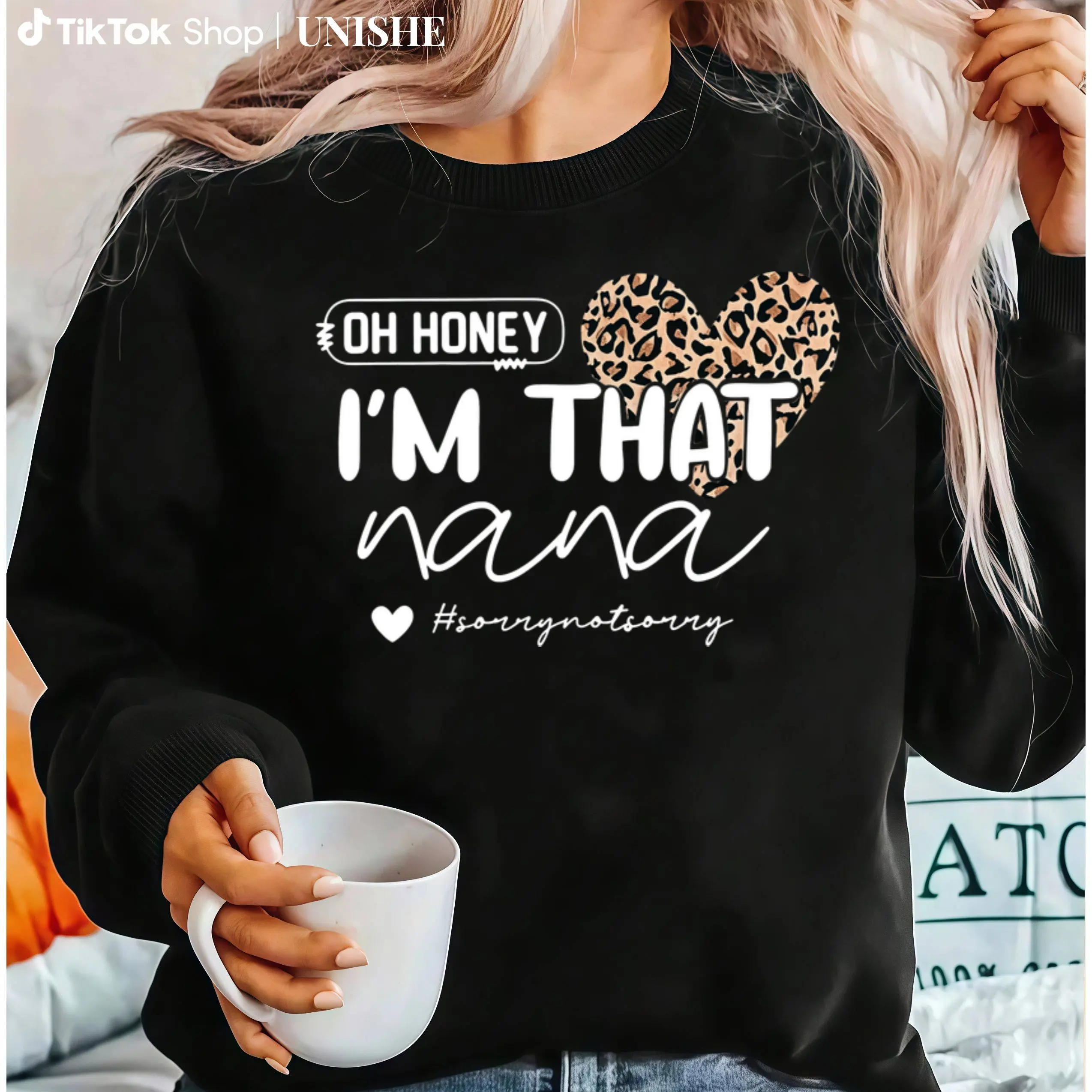 Summer Black Long Sleeve Sweatshirt with Leopard Heart & Nana Design, Unisex, Breathable Fit Fabric Womenswear Hoodie Prints