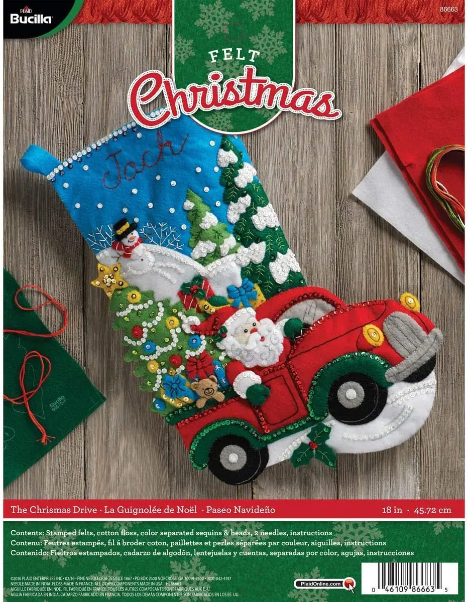 Bucilla 86663 Cotton Stamped Felt Applique Stocking Kit - The Christmas Drive, 18-in Jolly Festive Decor, Beginner-Friendly Embroidery, All Skill Levels, Holiday Tree Home Supply