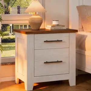 Garvee Nightstand with 2 Drawers, Farmhouse Bedside Table featuring Brown Tabletop, Distressed White Finish, Space-Saving End Table for Bedroom & Living Room, Holds up to 170 LBS