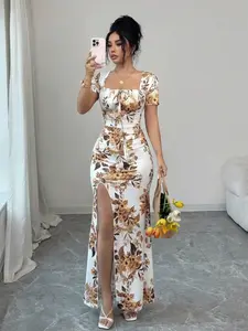 Women's Summer Short Sleeve Dress, Digital Print Vacation Dress, Split Hem Beach Holiday Long Dress, Waist Cinch Elegant Chic Floral Dress, Evening Gown, Chic Evening Dresses