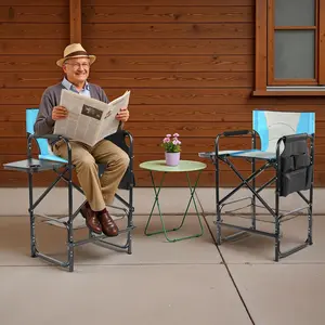 31" Tall Directors Chair with Footrest, 4Portable Bar Height Folding Camping Chair with Built-in Cup Holder, Side Table, Storage Pocket, Blue & Gray Summervibes