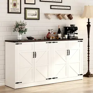 65 Inch Sideboard Buffet Cabinet for Dining Room, Farmhouse Kitchen Sideboard Cabinet with Adjustable Shelves, Wooden Coffee Bar Storage Cabinet Buffet Table for Kitchen, White/Brown
