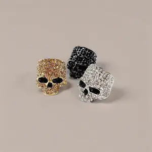 European and American Punk Style Rhinestone Skull Ring Ghost Head Full Diamond Metal Ring Hip Hop Punk Nightclub Exaggerated Ring Champagne Gold Crystal Biker