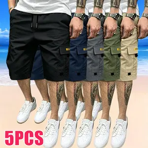 5-pack men’s cargo shorts with multiple pockets—stylish, versatile mid-length shorts with a drawstring elastic waistband, lightweight and breathable. Casual and easy to match; suitable for work commutes, everyday wear, leisure activities, outdoor use, and