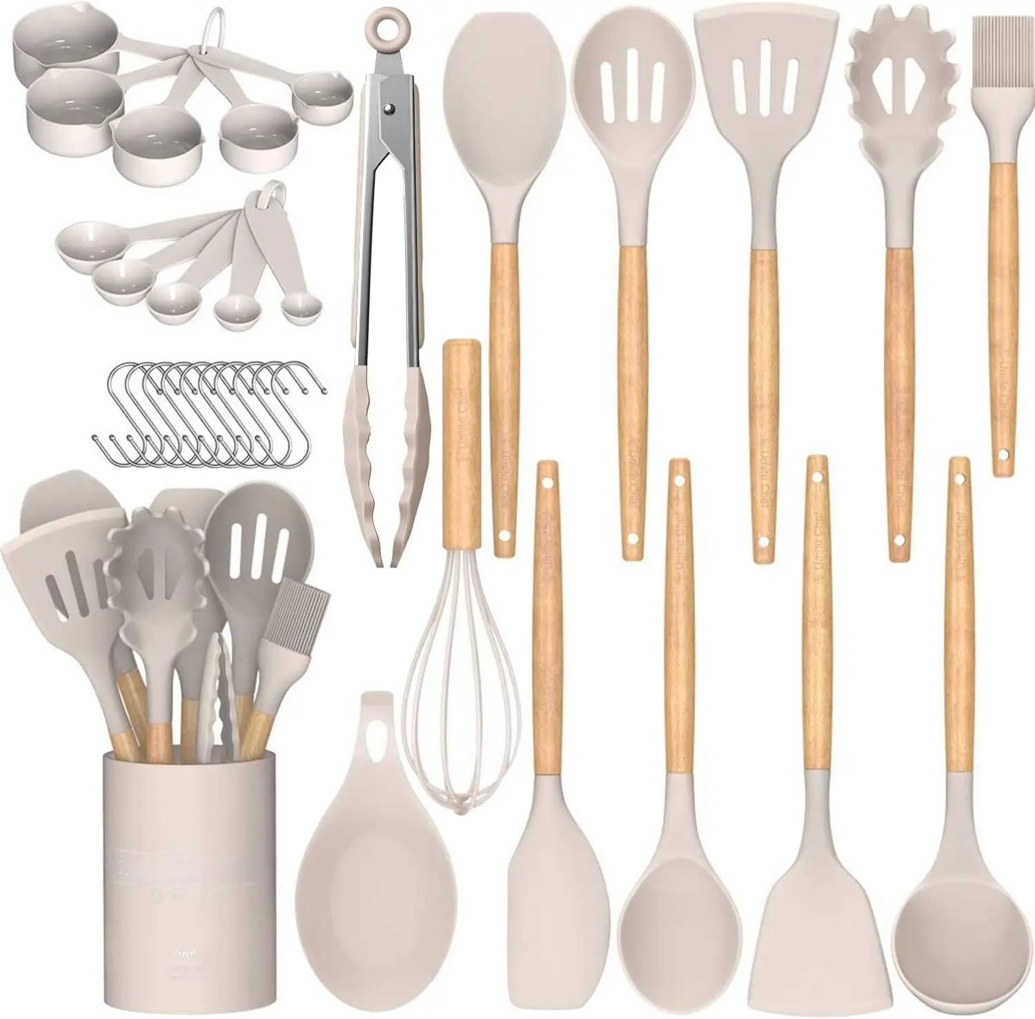 [New Deal] 33 PCS Non-Stick Silicone Kitchen Utensils Set with Wooden Handles & Holder – Versatile Cooking Tools for Pasta, Spatulas & More Cookware  Sturdy, Nonstick Cooking Spoon