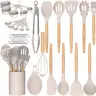 33 PCS Kitchen Cooking Utensils Set, Non-Stick Silicone Cooking Kitchen Utensils Spatula Set with Holder, Wooden Handle Silicone Utensil Set, Wooden Handles