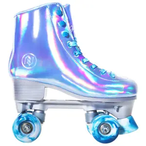 JajaHoho Roller Skates for Women, Very Peri Blue Holographic High Top Faux Leather Rollerskates, Shiny Double-Row Four Wheels Quad Skates for Girls and Age 8-51 Indoor Outdoor (Blue)